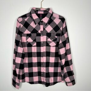 Urban Groove Pink Black Plaid Pearl Snap Grunge Y2K Button Down Flannel Shirt L